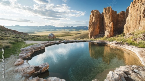 A natural hot spring pool surrounded by rocks in a wide valley, with a blue sky and white clouds in the background.