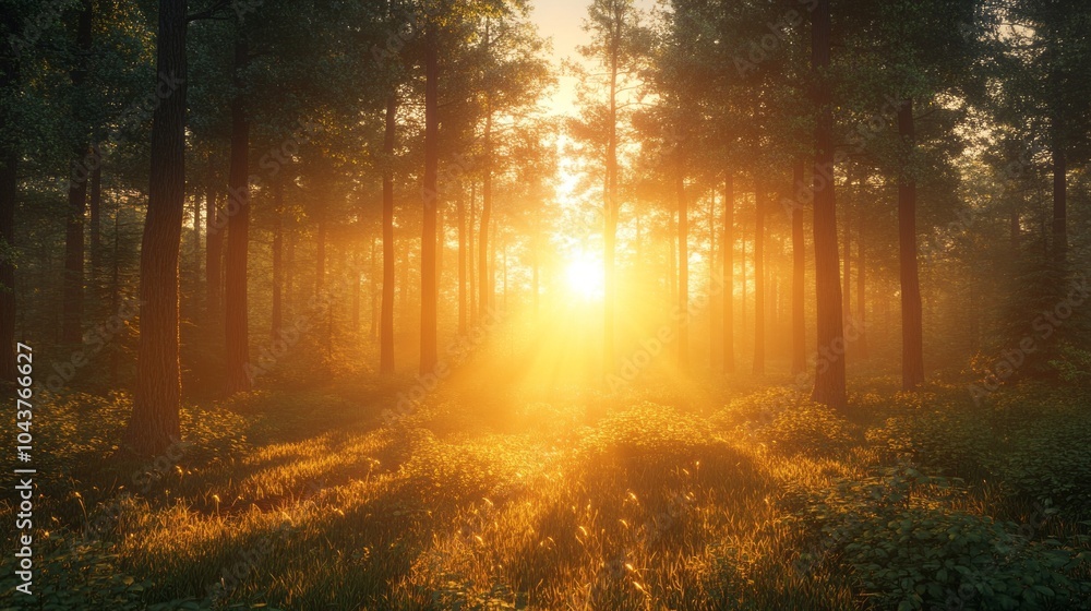 Obraz premium A forest with a sun shining through the trees