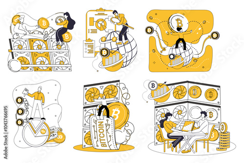 Bitcoin mining vector illustration. Digital, revolution, sweeps through finance, giving birth to decentralized, digital form currency Economy, canvas, witnesses brushstrokes Bitcoin, painting picture