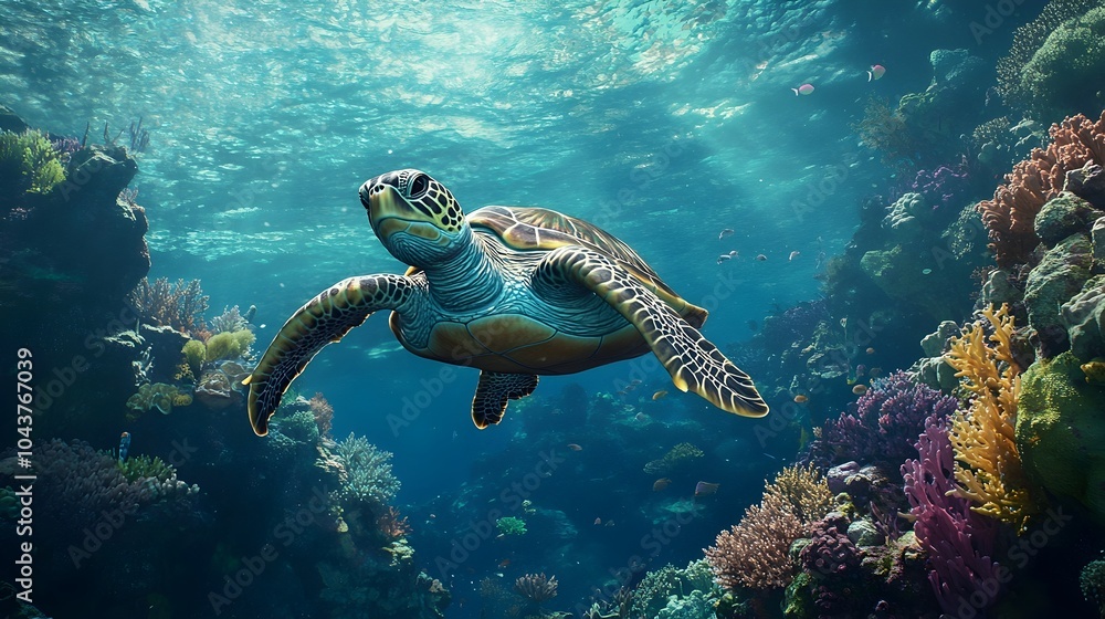 Fototapeta premium Graceful sea turtle swimming amidst vibrant coral reef ecosystem
