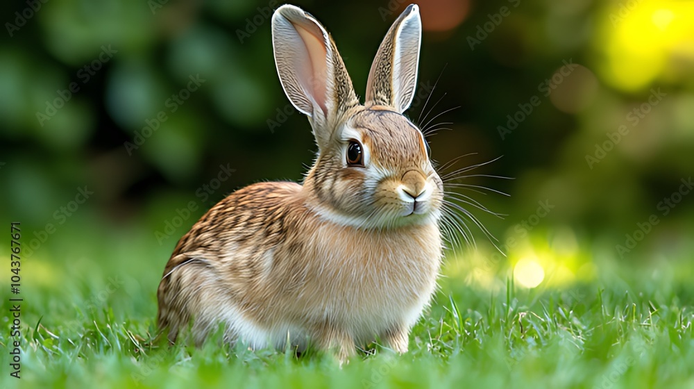 Obraz premium A cute brown rabbit with white patches sits on a green grass field, looking curiously at the camera.