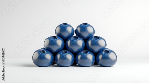 Minimalist pyramid of ceramic blue spheres on white background