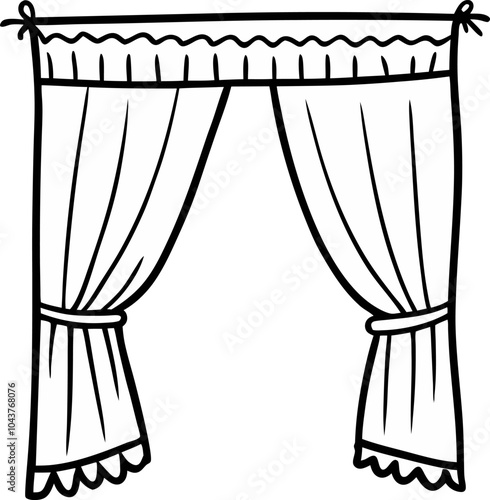 Hand Drawn Curtain Illustration Line Art Design with Valance and Tied Backs