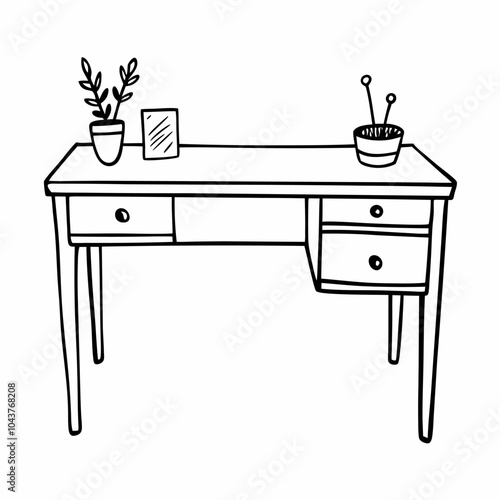 Minimalist Desk Illustration Black and White Hand Drawn Workspace Vector