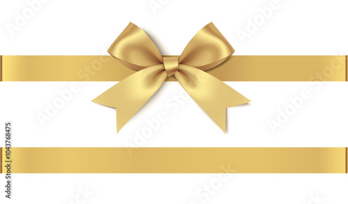 Decorative golden bow with horizontal ribbon isolated on white background. Vector illustration	