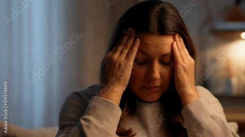 Young woman holding head in hands showing signs of stress, anxiety or headache in dim home setting, emotional health concept.