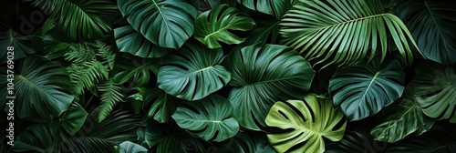 Wallpaper Mural Lush tropical foliage, Monstera deliciosa leaves, Dark green jungle background, Vibrant philodendron plants, Exotic rainforest flora, Dense leafy texture, Botanical garden closeup, Verdant plant life, Torontodigital.ca