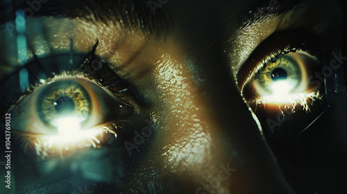 A close-up of eyes reflecting the bright light of an oncoming train, symbolizing a fateful and unavoidable moment.