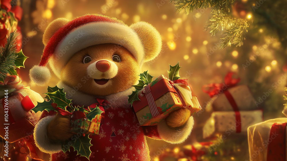 Teddy Bear in Santa Hat Surrounded by Christmas Gifts Teddy Bear in Santa Hat Surrounded by Christmas Gifts
