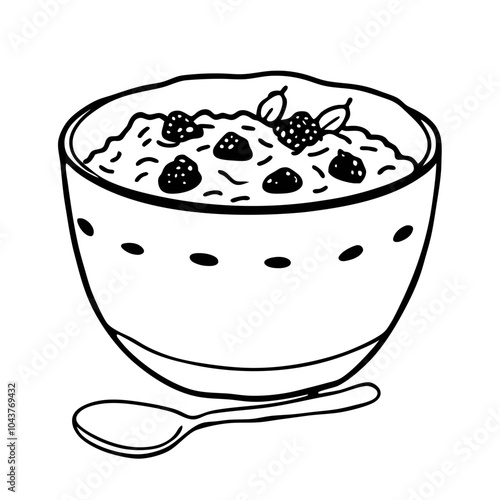 Hand Drawn Vector Illustration of a Bowl of Oatmeal with Berries