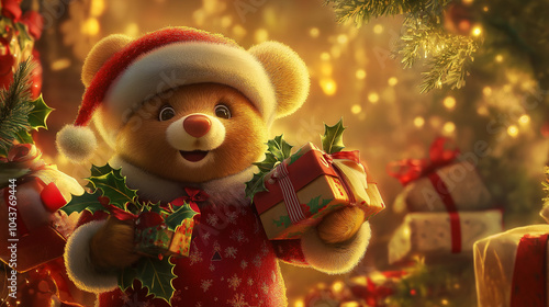 Wallpaper Mural Teddy Bear in Santa Hat Surrounded by Christmas Gifts Torontodigital.ca