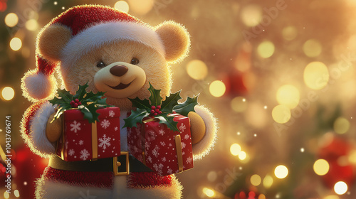 Teddy Bear in Santa Hat Surrounded by Christmas Gifts