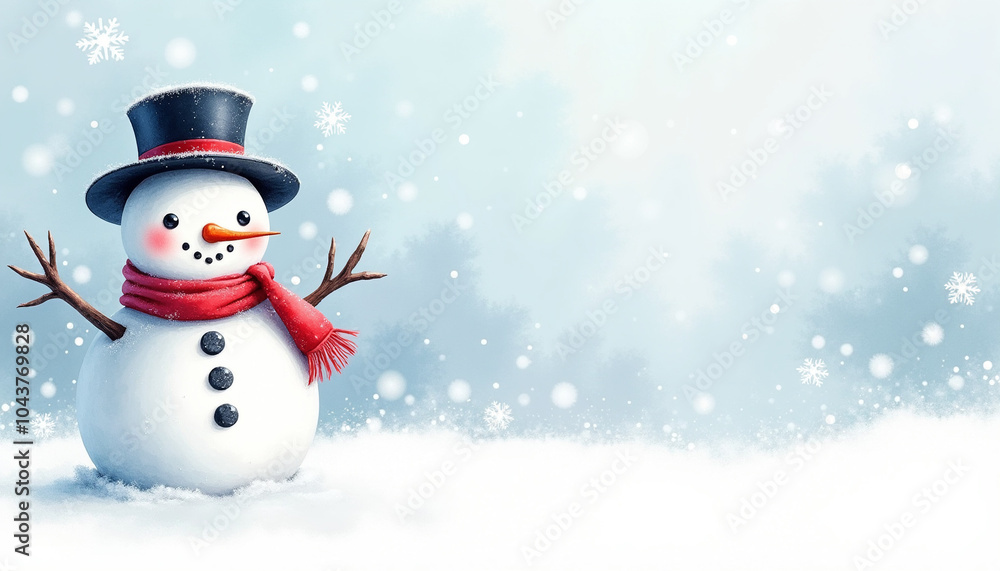 Watercolor Snowman Background with Cute Snowman in a Red Scarf and Black Hat Watercolor Snowman Background with Cute Snowman in a Red Scarf and Black Hat