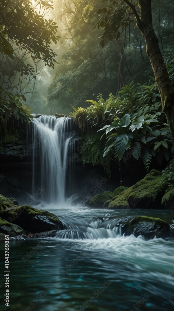 Obraz premium Serene waterfall cascading through a lush, misty forest, flowing gently, conveying peace and tranquility. Mossy rocks and lush green foliage in the foreground and background.