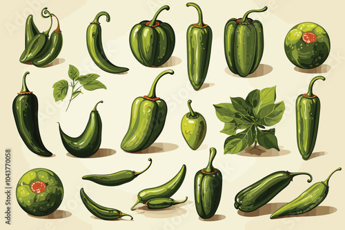 Set of green chili peppers, halves and pieces of hot vegetable. Vector graphics.