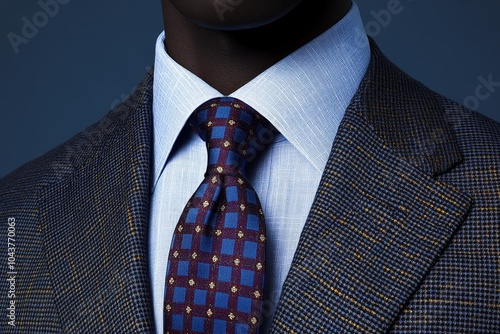 Close up of a sharply dressed man wearing a patterned tie and navy blue suit embodying modern business style and professional sophistication photo