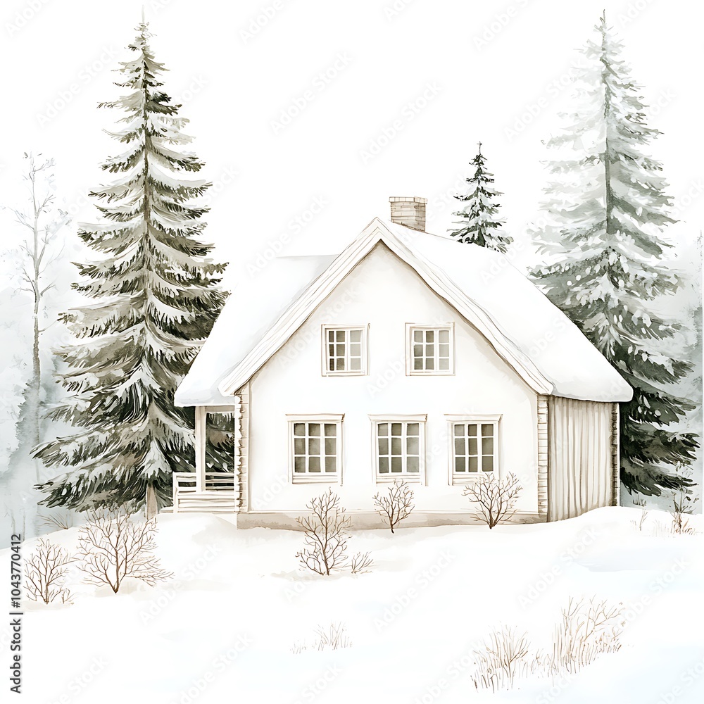 Watercolor Painting of a Snowy Cabin in the Woods. Watercolor Painting of a Snowy Cabin in the Woods.