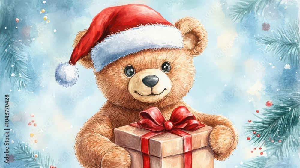 Teddy bear in a Santa hat, holding a gift box, holiday spirit, watercolor style Teddy bear in a Santa hat, holding a gift box, holiday spirit, watercolor style