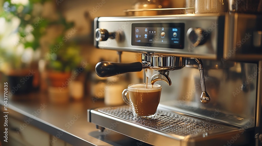 Modern Black Coffee Machine in a Stylish Kitchen with Cup - Sleek Home Appliance Closeup Modern Black Coffee Machine in a Stylish Kitchen with Cup - Sleek Home Appliance Closeup