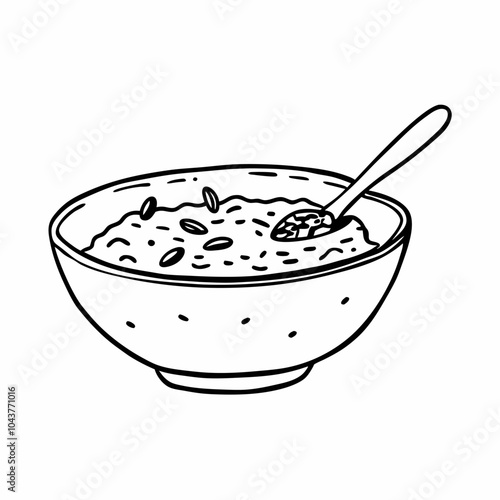 Black and White Line Art of Rice Porridge Bowl with Spoon in Vector Illustration