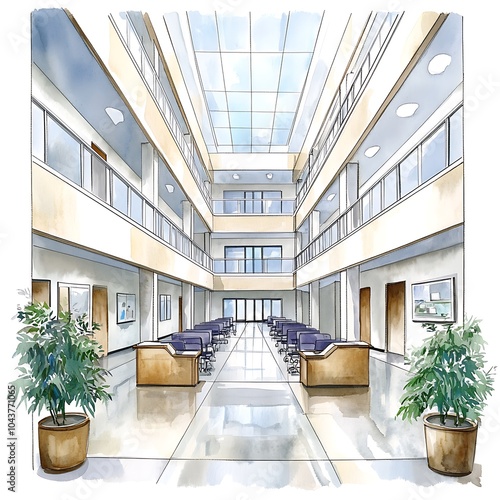 Watercolor Illustration of a Modern Office Building Atrium.