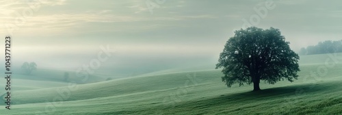 Lone oak tree, misty rolling hills, ethereal morning fog, panoramic landscape, soft dawn light, serene meadow, atmospheric countryside, dreamy pastoral scene, muted green tones, tranquil nature, panor photo