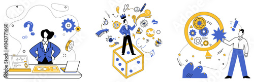 Product development vector illustration. Creative solutions are keys open doors to treasure trove successful product development Strategy is chessboard where each move shapes destiny kingdom product