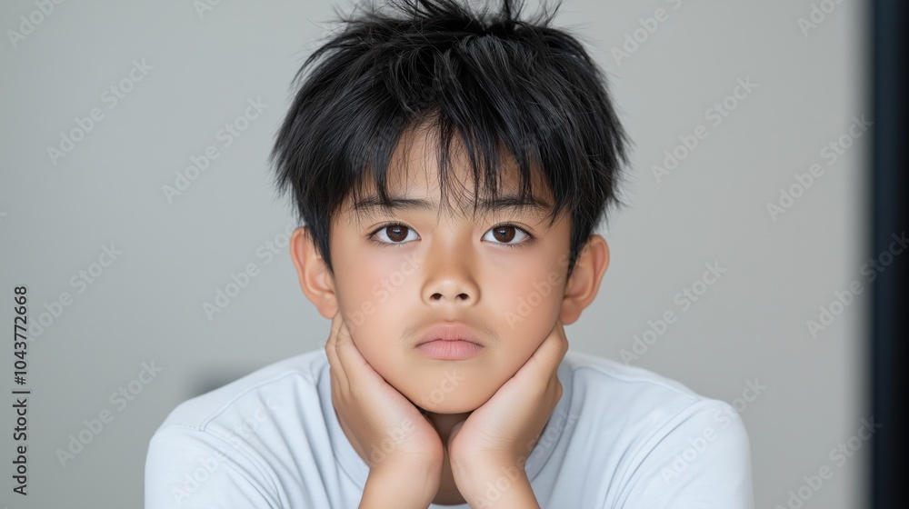 Pensive child resting on hands in thoughtful pose indoors Pensive child resting on hands in thoughtful pose indoors