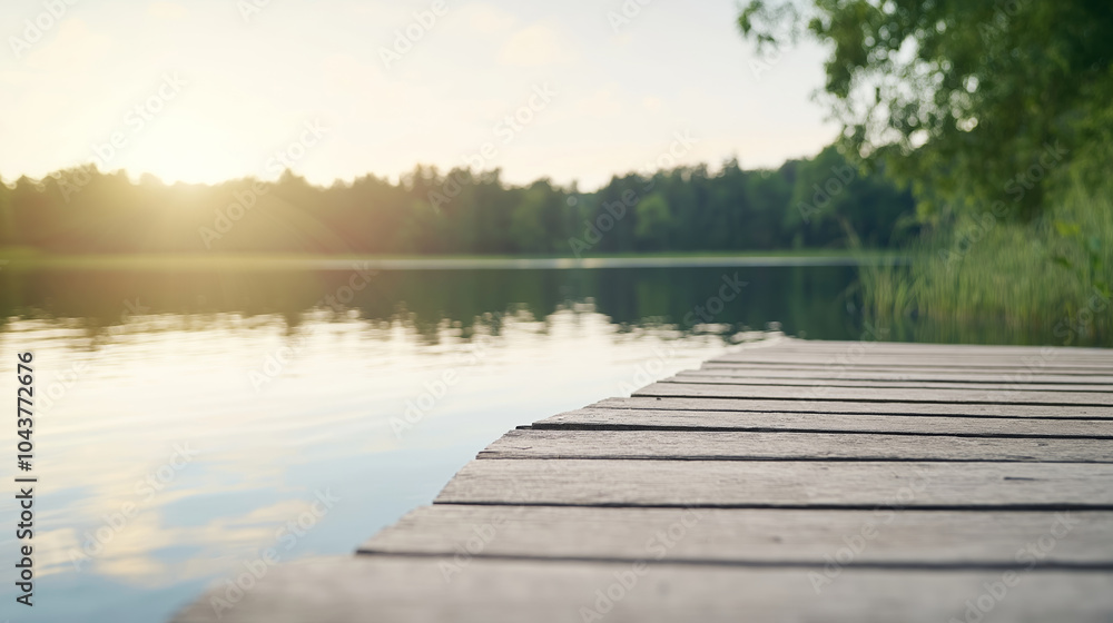 Serene lake with a wooden pier and a beautiful sunset over the trees in the background Serene lake with a wooden pier and a beautiful sunset over the trees in the background