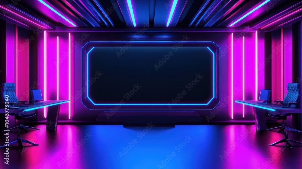 A modern workspace with neon lighting and sleek design for tech or creative activities. A modern workspace with neon lighting and sleek design for tech or creative activities.