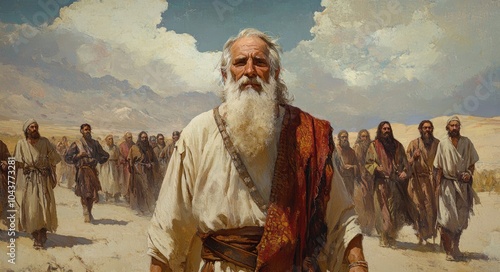 Wisdom of the Ages: Old Man with Majestic Beard Leading His Flock in the Desert