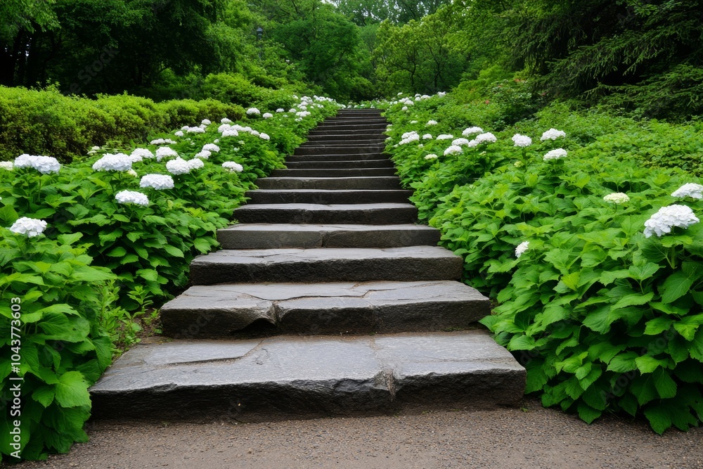 A quiet meditation garden with a stone path, surrounded by lush greenery and blooming flowers A quiet meditation garden with a stone path, surrounded by lush greenery and blooming flowers