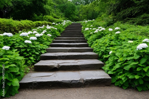 A quiet meditation garden with a stone path, surrounded by lush greenery and blooming flowers