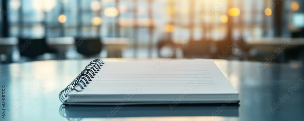 Open notebook is lying on a glass table in a modern office, bathed in the warm glow of the setting sun