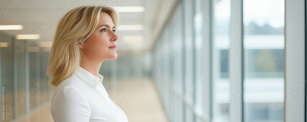 Businesswoman standing in an office corridor gazing out the window with a pensive look Businesswoman standing in an office corridor gazing out the window with a pensive look