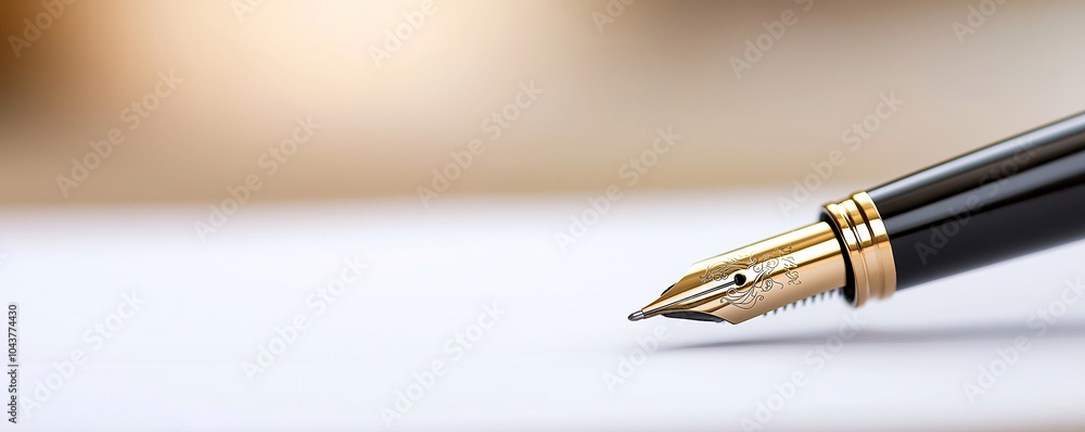 Classic fountain pen with gold plated nib standing on a blank sheet of paper ready for writing Classic fountain pen with gold plated nib standing on a blank sheet of paper ready for writing
