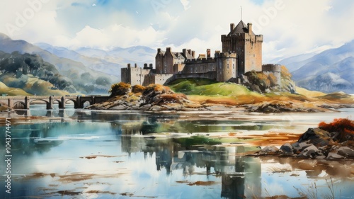 A romantic watercolor landscape of a castle
