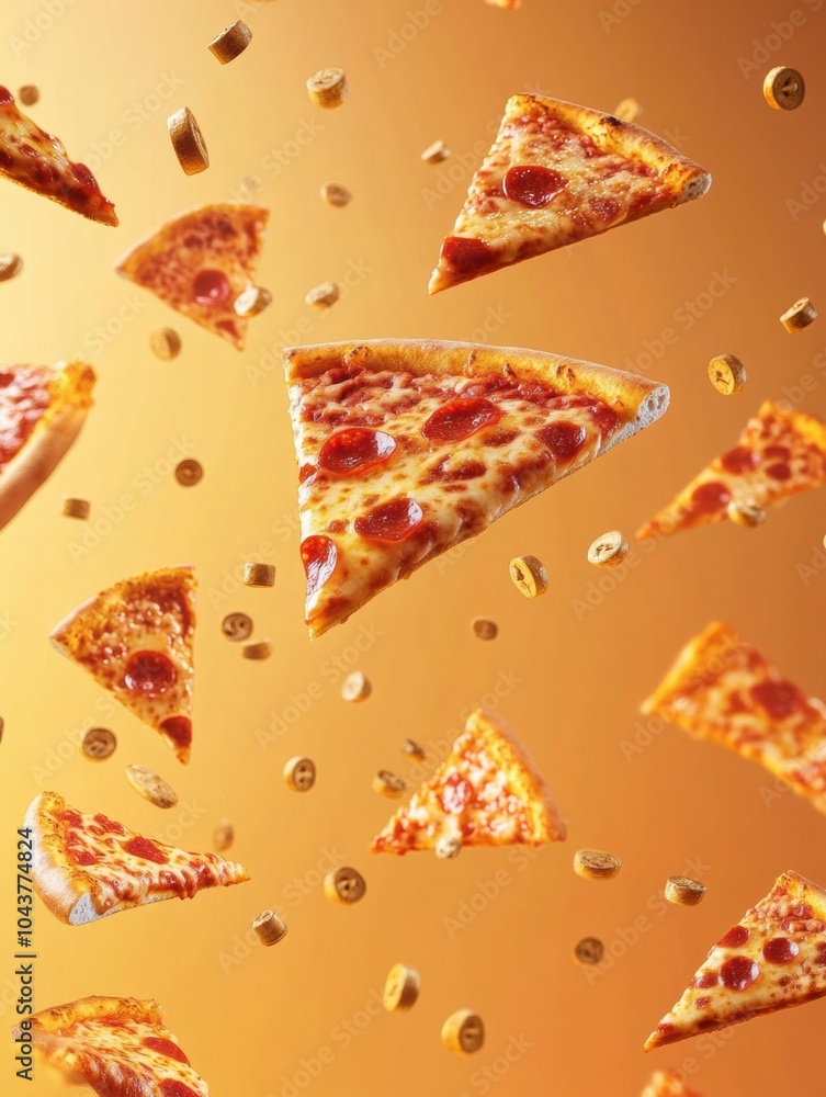 Slices of pizza soar diagonally against a warm orange backdrop, creating an energetic atmosphere perfect for a tasty food celebration. Generative AI Slices of pizza soar diagonally against a warm orange backdrop, creating an energetic atmosphere perfect for a tasty food celebration. Generative AI
