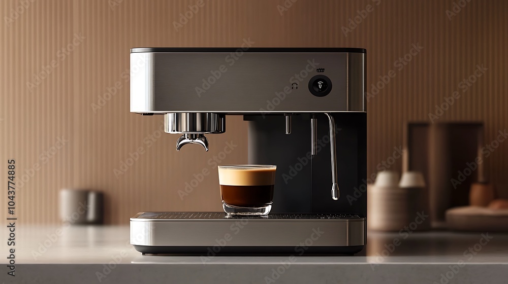 Modern Black Coffee Machine in a Stylish Kitchen with Cup - Sleek Home Appliance Closeup Modern Black Coffee Machine in a Stylish Kitchen with Cup - Sleek Home Appliance Closeup