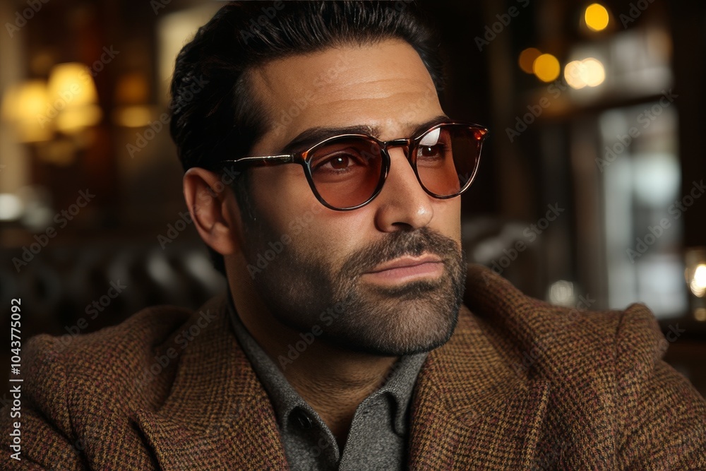 Man wearing round glasses and a brown blazer sitting in a cozy cafe combining relaxed sophistication and urban style in a warm inviting setting Man wearing round glasses and a brown blazer sitting in a cozy cafe combining relaxed sophistication and urban style in a warm inviting setting