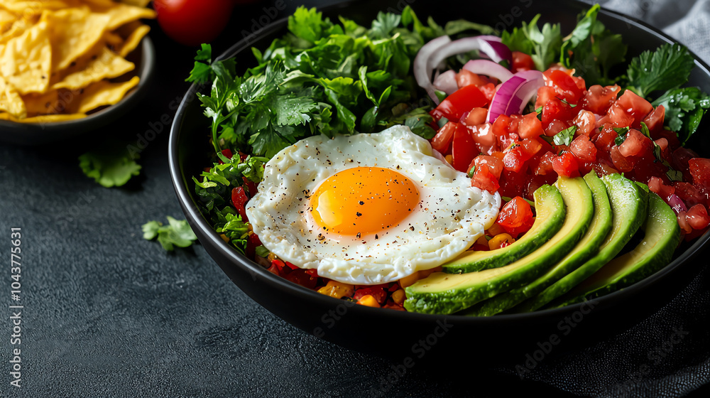 Colorful breakfast bowl with fried egg, avocado, tomatoes, lettuce, and onion on a dark background with nachos. Colorful breakfast bowl with fried egg, avocado, tomatoes, lettuce, and onion on a dark background with nachos.