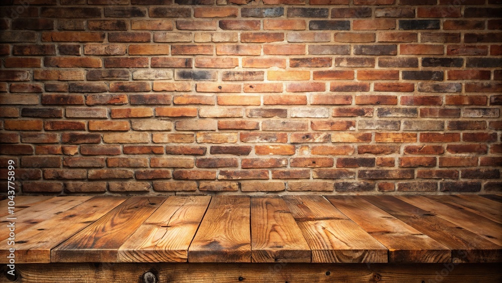 Rustic wooden table with brick wall background in wide-angle view Rustic wooden table with brick wall background in wide-angle view