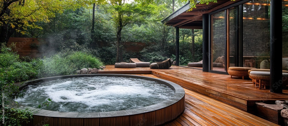 A hot tub with steam rising from the water is set in a lush garden with a wooden deck and a modern building in the background. A hot tub with steam rising from the water is set in a lush garden with a wooden deck and a modern building in the background.