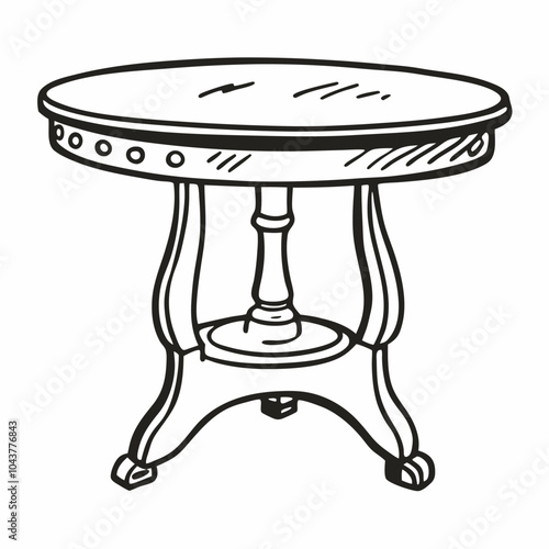 Classic Vintage Round Table Illustration with Ornate Detailing in Monochrome Style