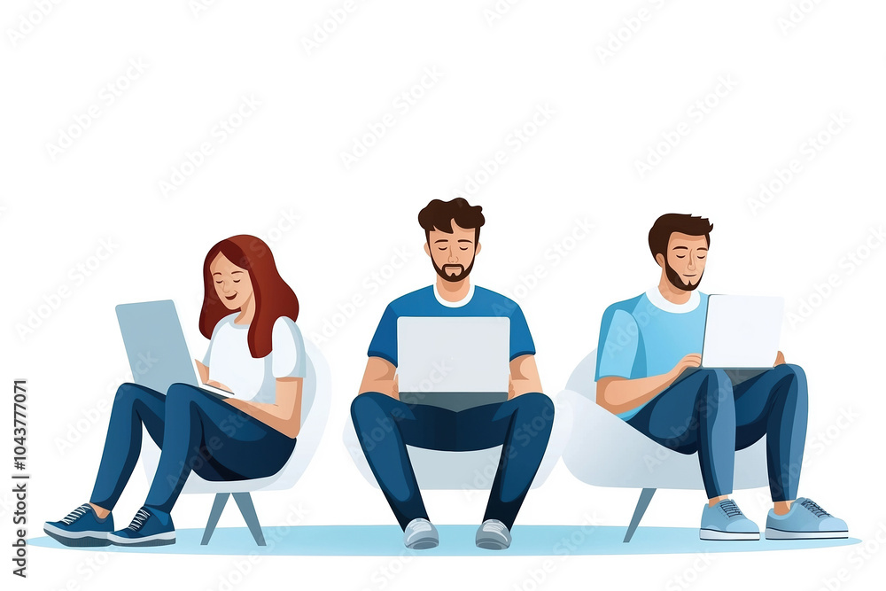 Fototapeta premium Three individuals working on laptops in a modern, minimalistic setting indoors