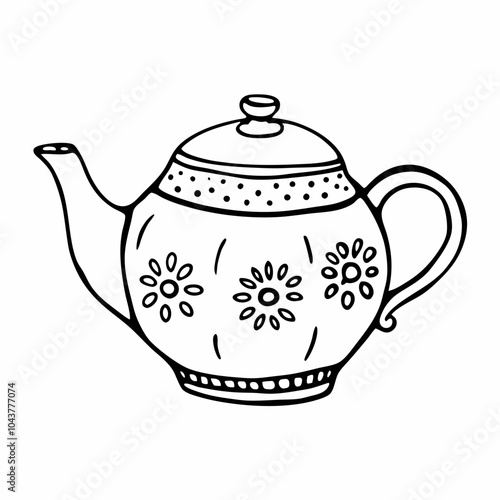 Hand Drawn Floral Teapot Illustration in Black and White Line Art