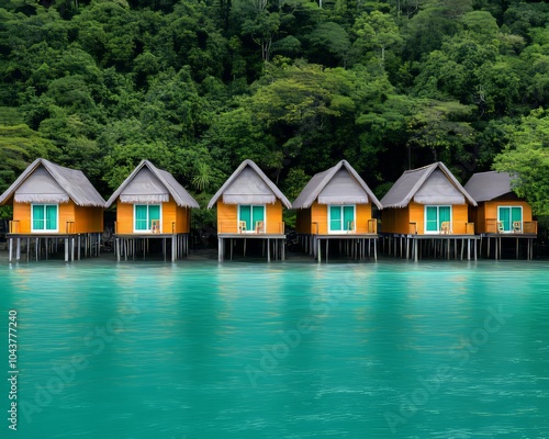 Serangkaian rumah terapung berwarna oranye di atas air jernih. photo