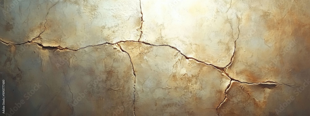 Fototapeta premium Stucco wall texture featuring gentle cracks, illuminated by soft ambient light, creating a warm and inviting atmosphere.