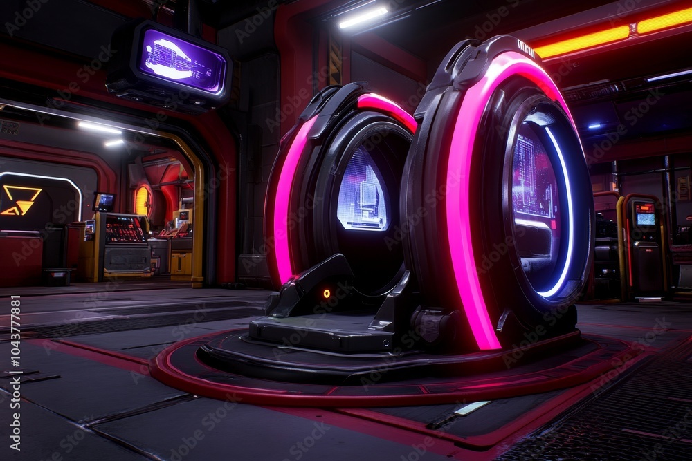Cyberpunk industrial machinery in a neon-lit factory, with advanced robotic systems and glowing holographic displays showing the high-tech production process Cyberpunk industrial machinery in a neon-lit factory, with advanced robotic systems and glowing holographic displays showing the high-tech production process