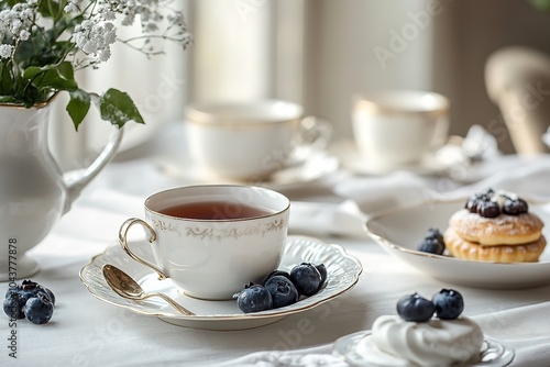 Elegant tea setting with blueberries and cream pastry.